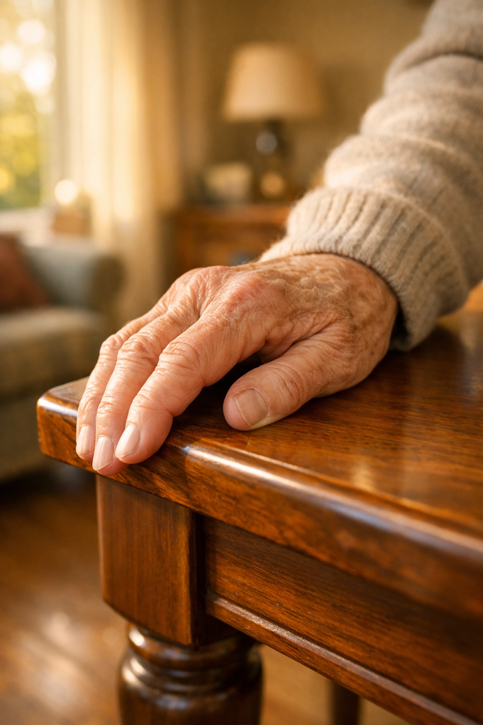 Senior's hand gripping a table corner for balance, a common sign of fall risk at home.