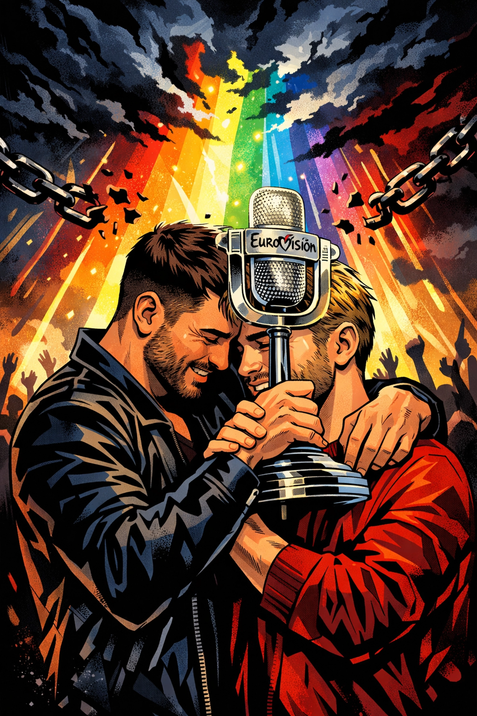 Gay couple embracing with Eurovision trophy symbolizing LGBTQ+ victory and representation