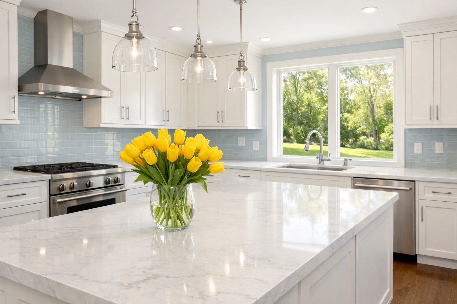 Sunlight on clear white marble countertops in an Ashland home ready for recurring house cleaning.
