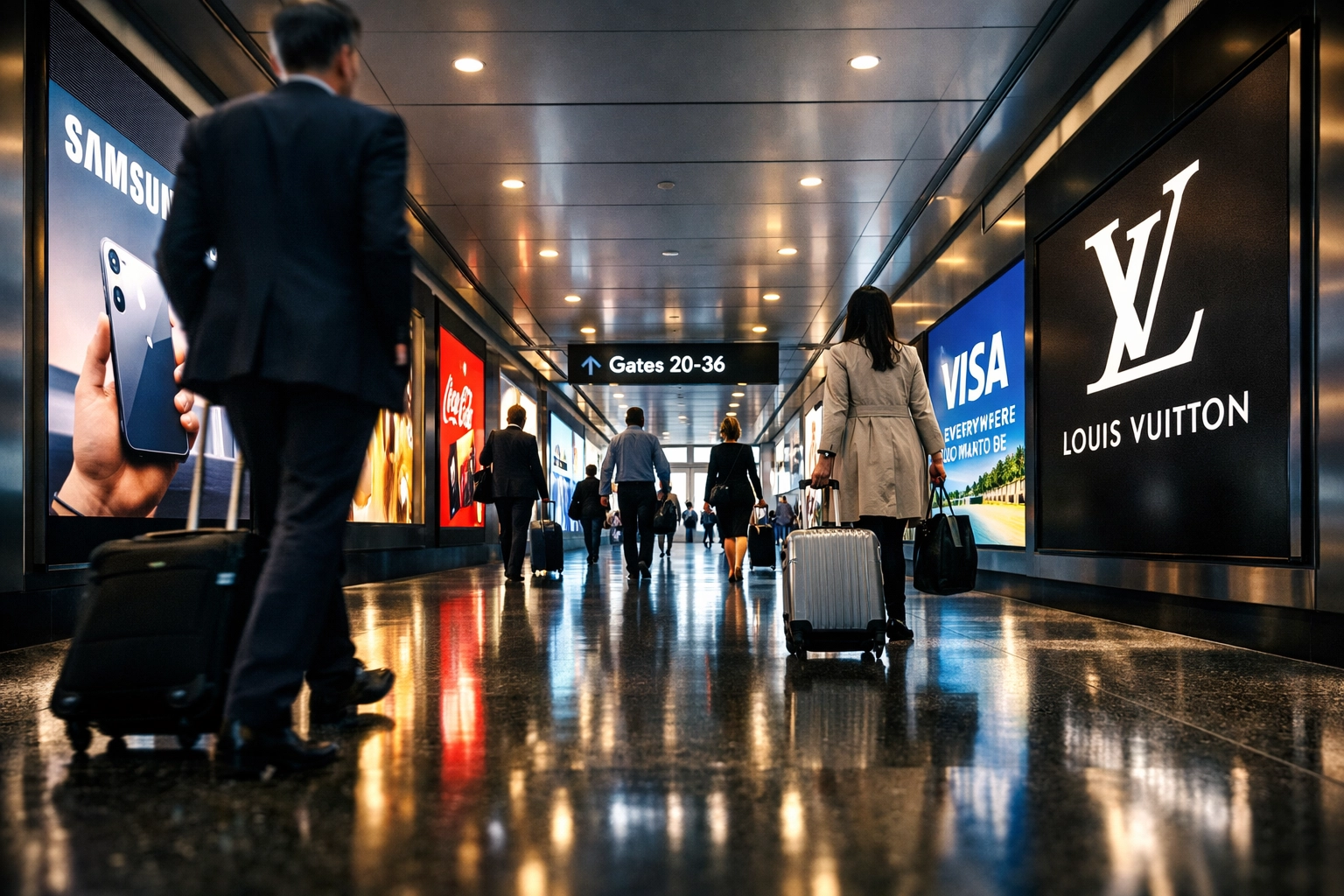 Airport terminal with digital OOH advertising displays and Super Bowl travelers