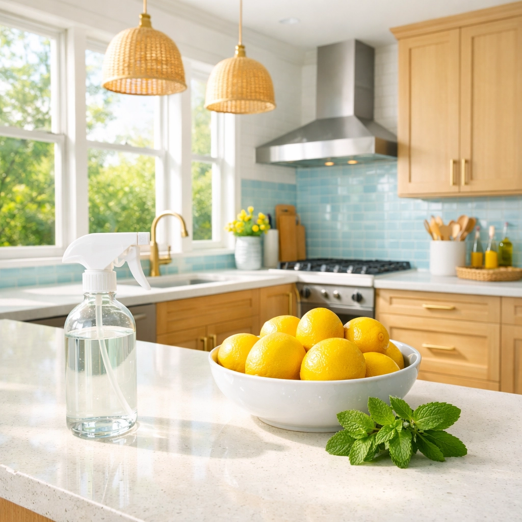 Eco-friendly move-in cleaning service in a bright Massachusetts kitchen using non-toxic products.