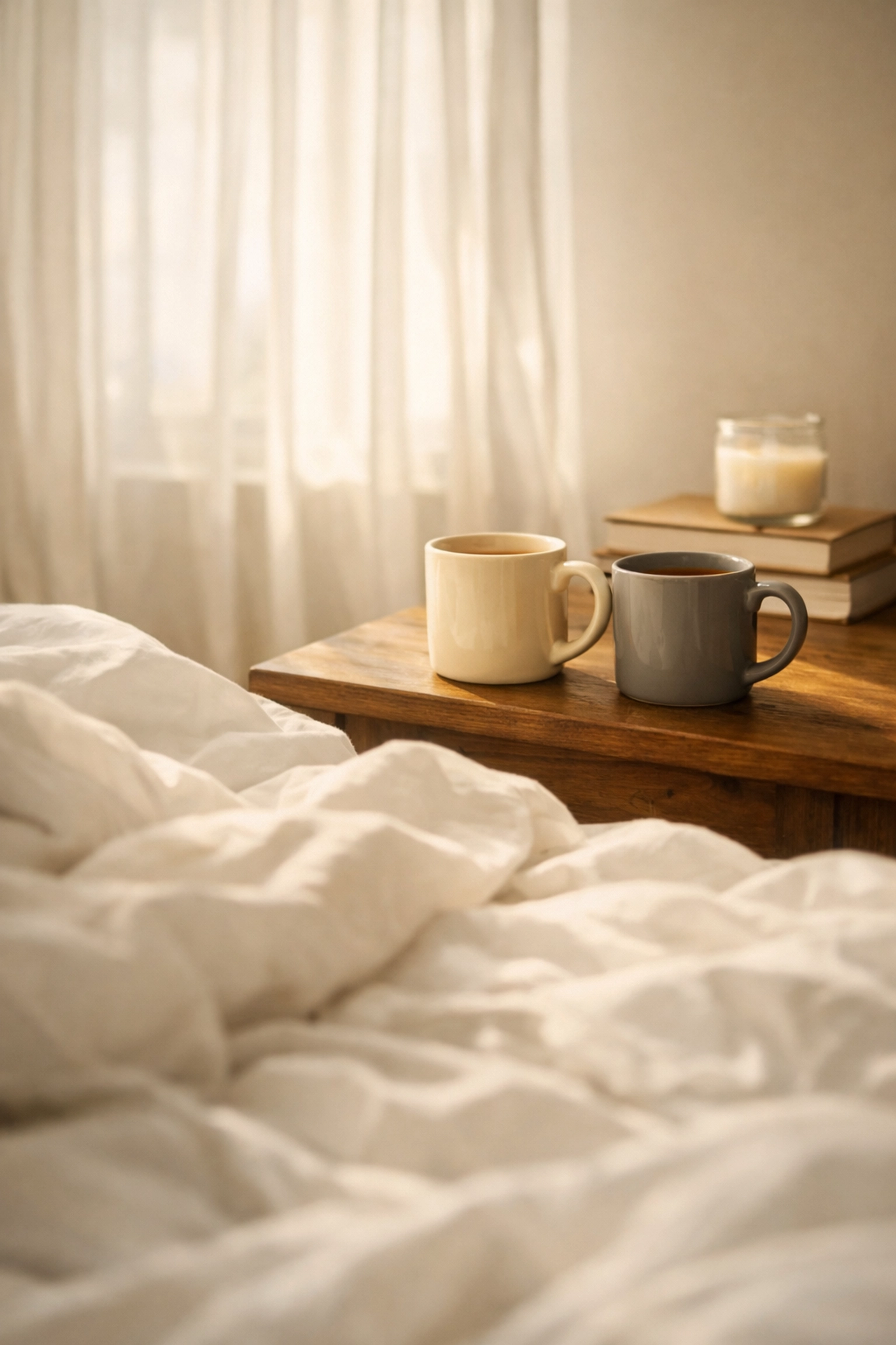 Sunlit bedroom morning after scene - intimate MM romance moment with coffee