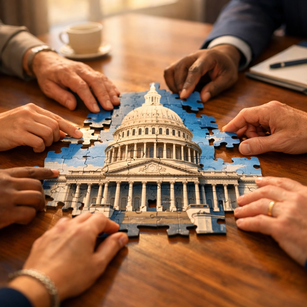 Diverse hands working together on Capitol building puzzle symbolizing bipartisan cooperation