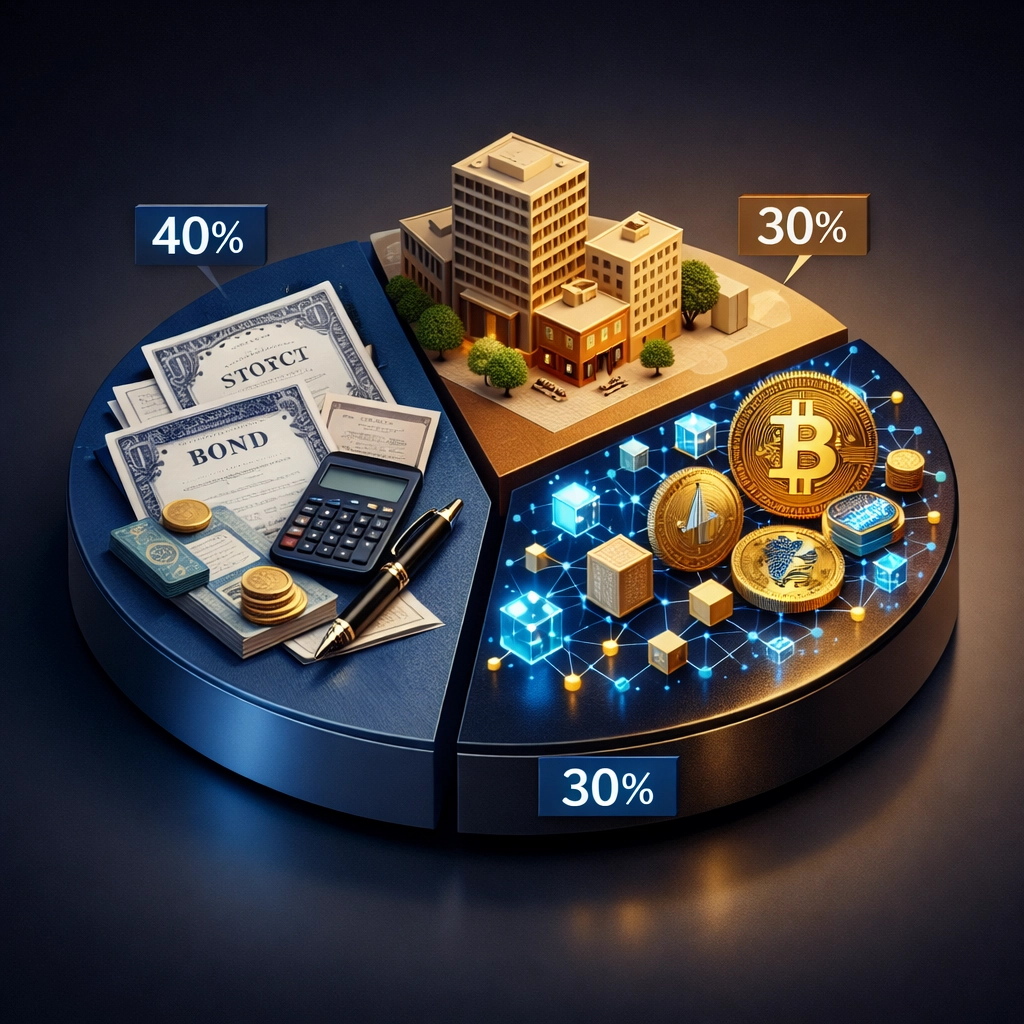 Diversified investment portfolio showing 40/30/30 allocation across stocks, real estate, and crypto