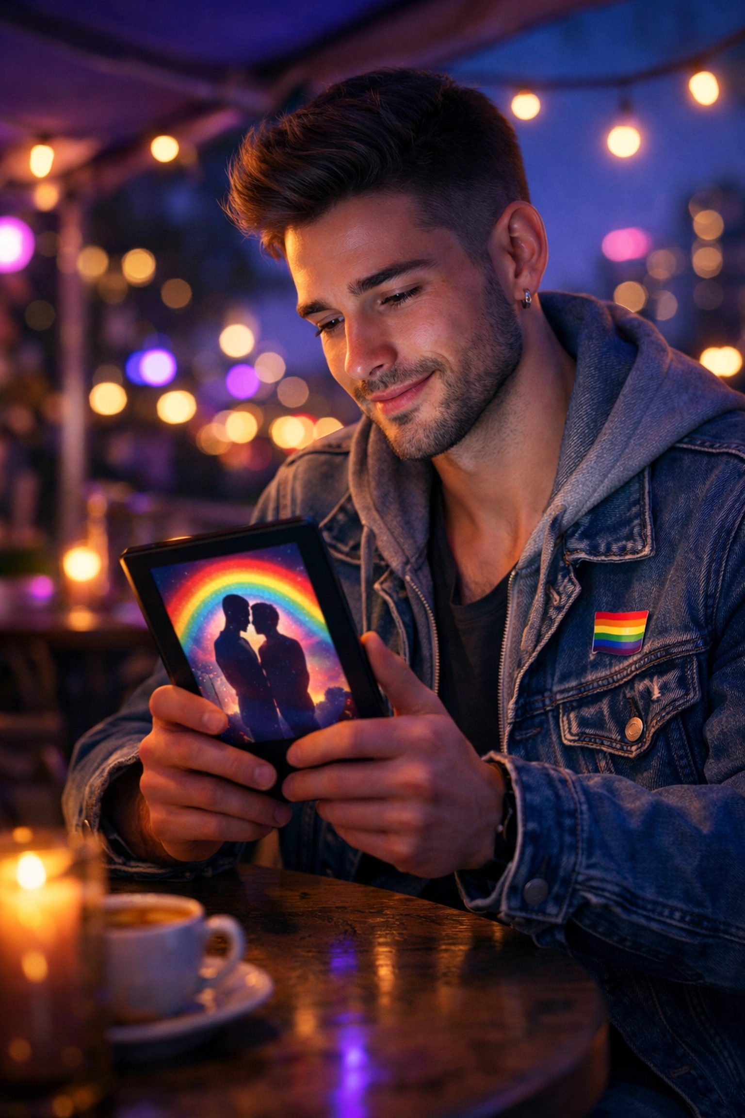 Young man reading an LGBTQ+ ebook at a night cafe, exploring the best new gay releases and MM romance.