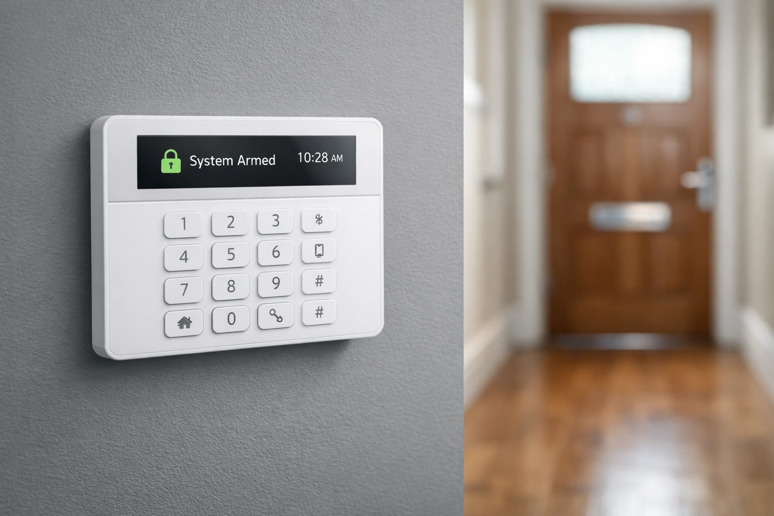 A modern smart alarm keypad installed in a Melksham home hallway for secure property protection.