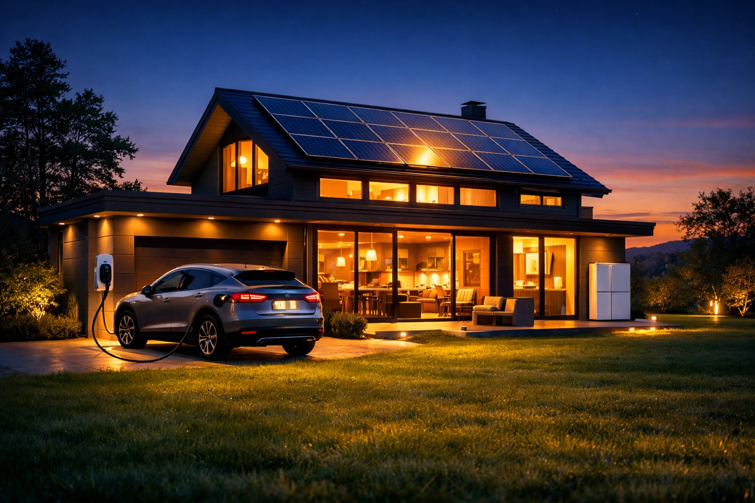 Energy independent Hampshire home with rooftop solar panels and an EV charging point at dusk.
