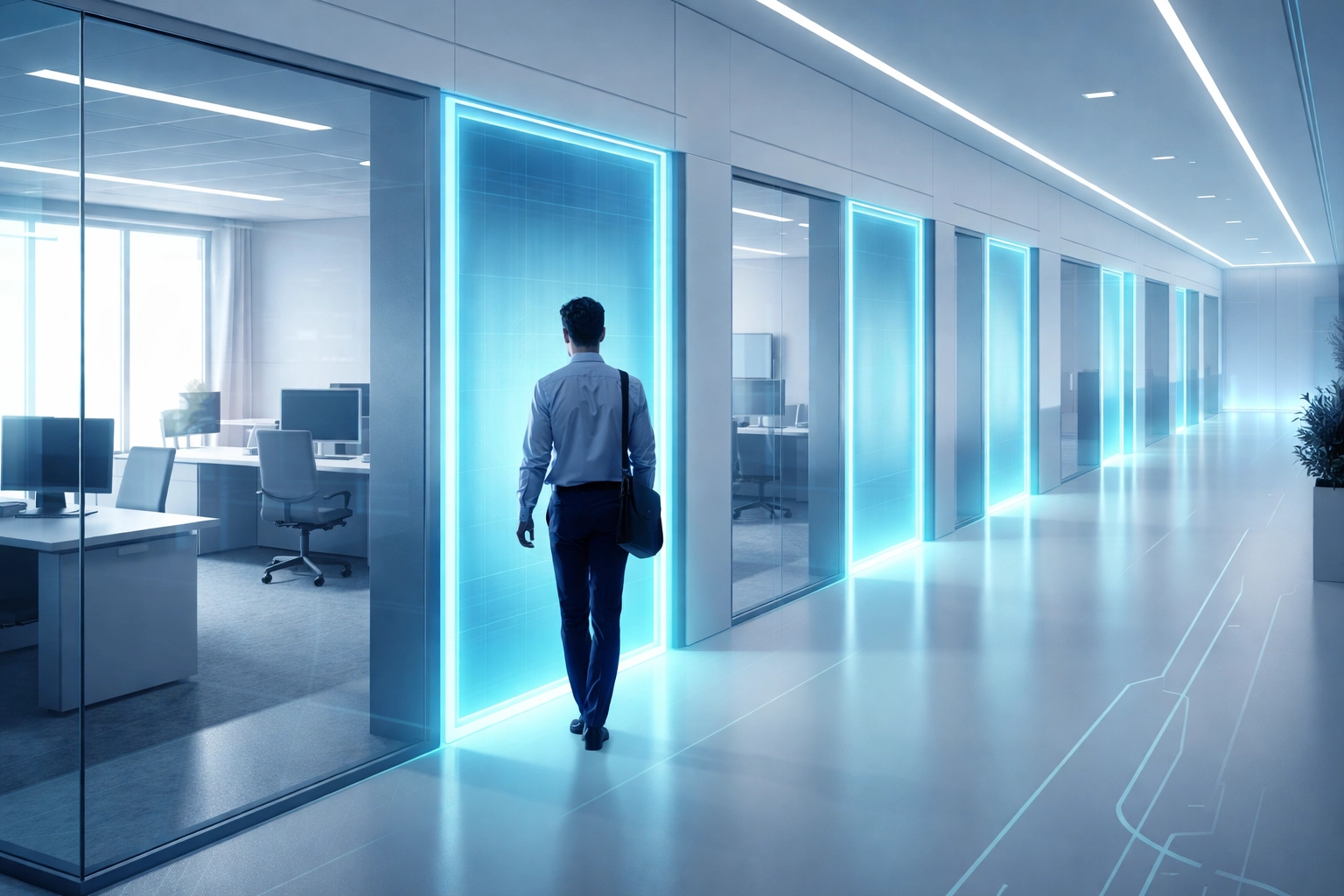 Modern office showing Zero Trust security concept with verification required at each room entrance