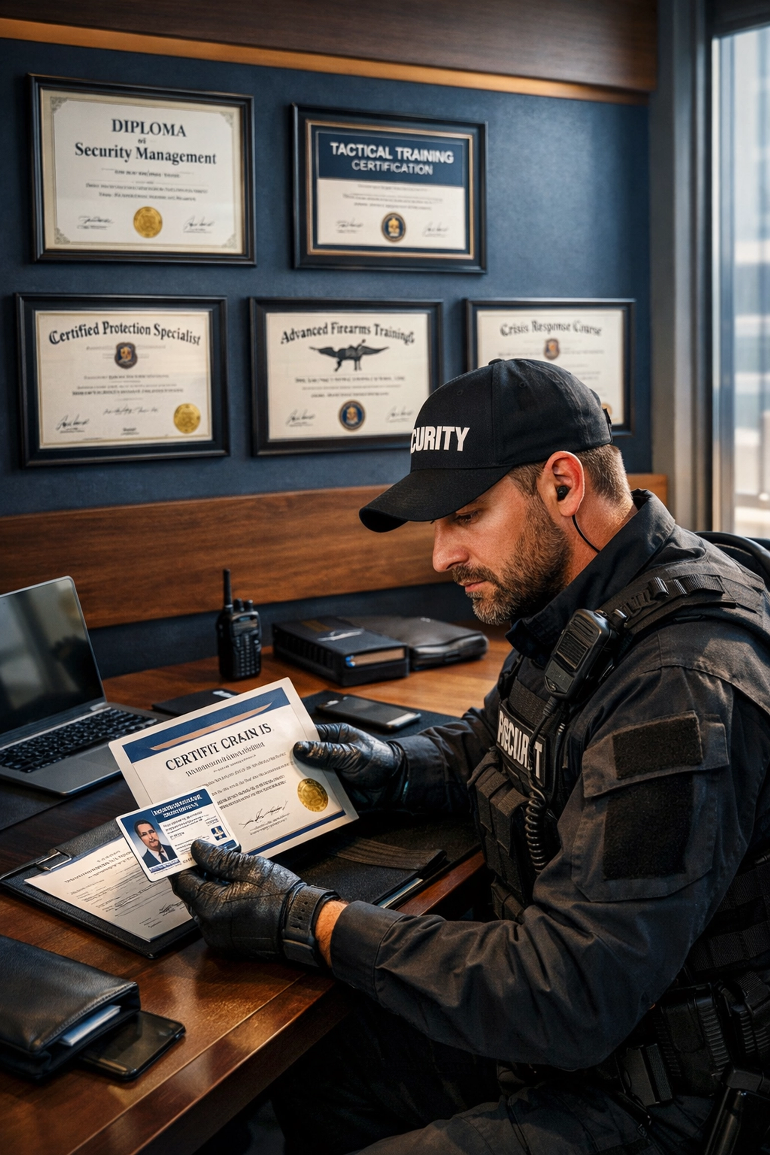 Professional security operative reviewing credentials for executive protection in Medellin