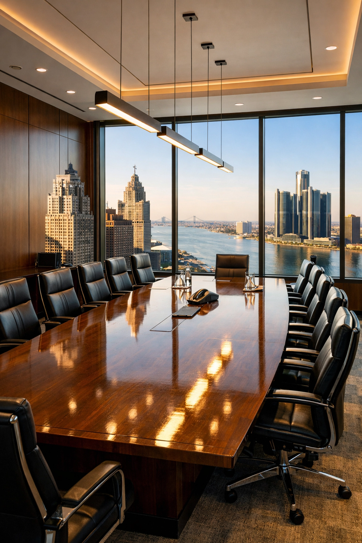 Clean executive boardroom in a Detroit skyscraper showing professional property management standards.