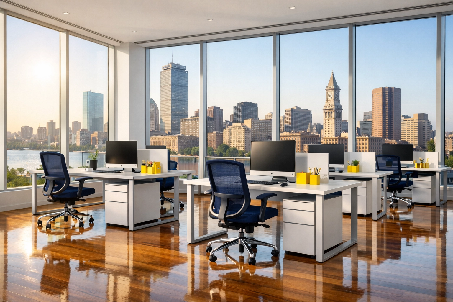 Modern downtown office with polished floors highlighting expert commercial cleaning in Boston.