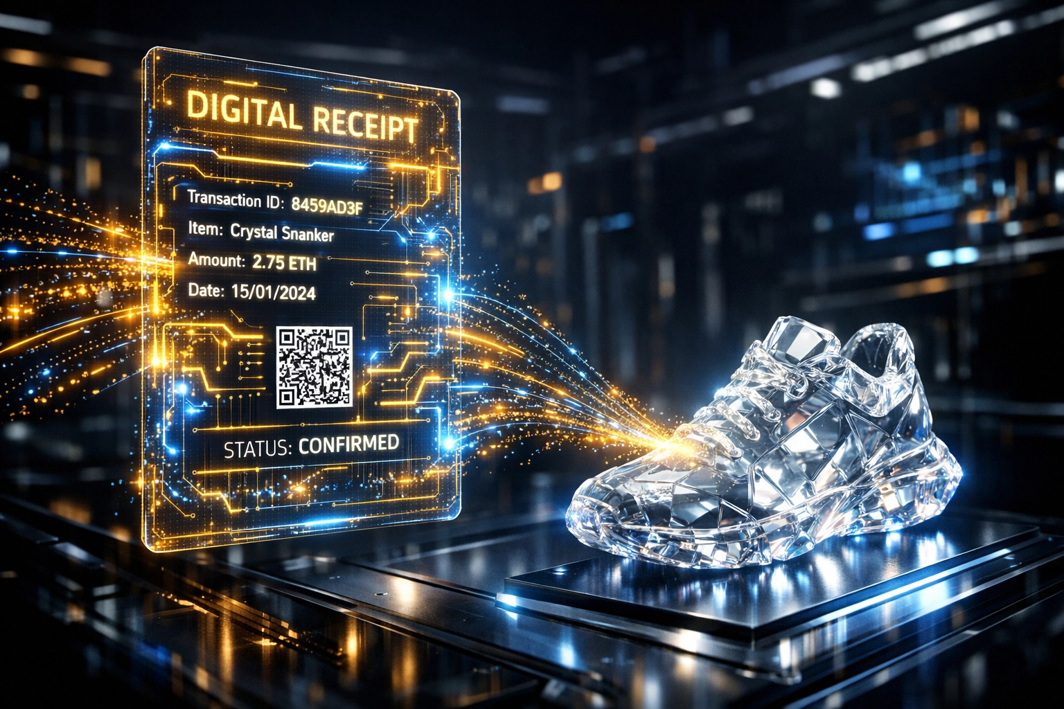 Holographic NFT receipt displaying on-chain metadata for a secure Metaverse shop purchase.