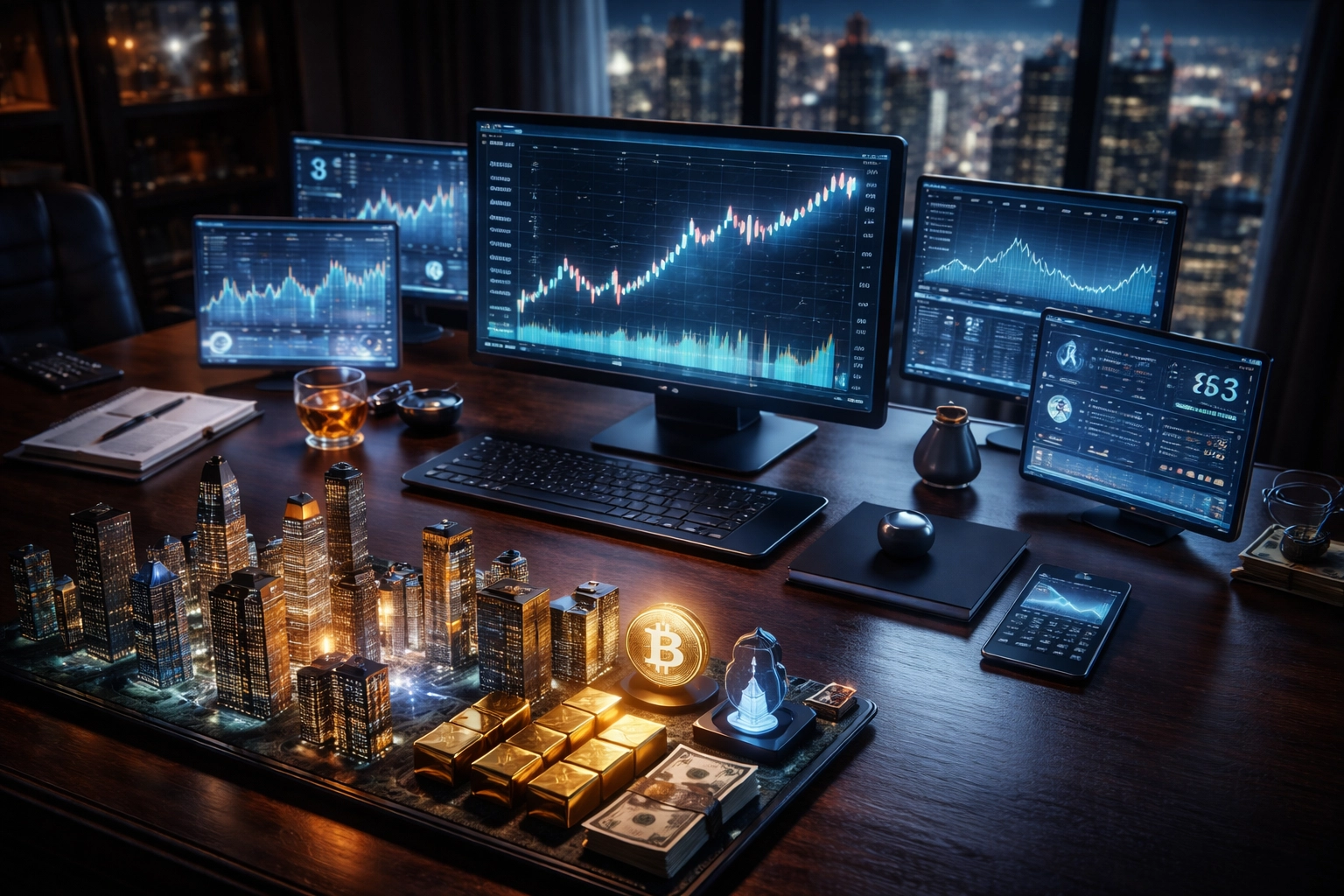 Investor's desk with asset charts, real estate models, gold, and crypto, highlighting portfolio diversification strategies.