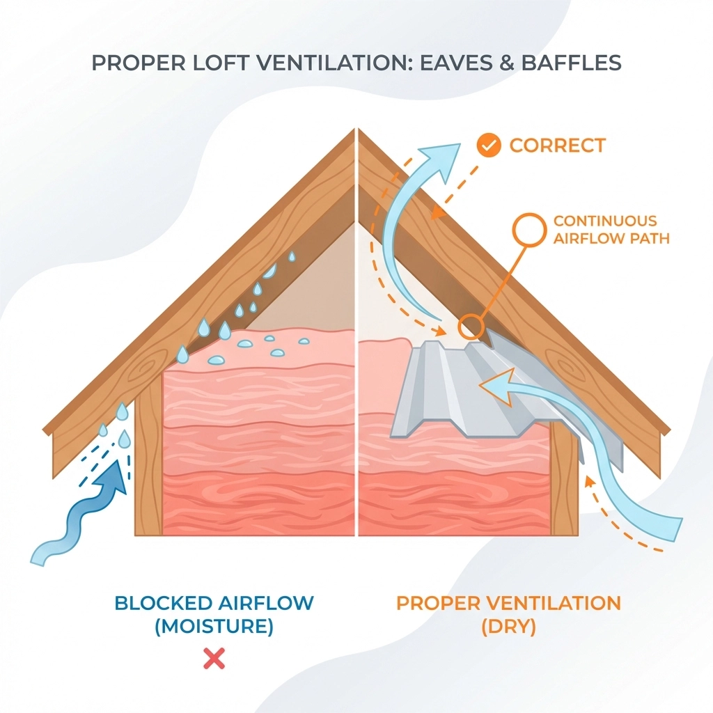 Illustration of loft eaves with ventilation baffles and airflow arrows showing how to prevent blocked ventilation and mould.