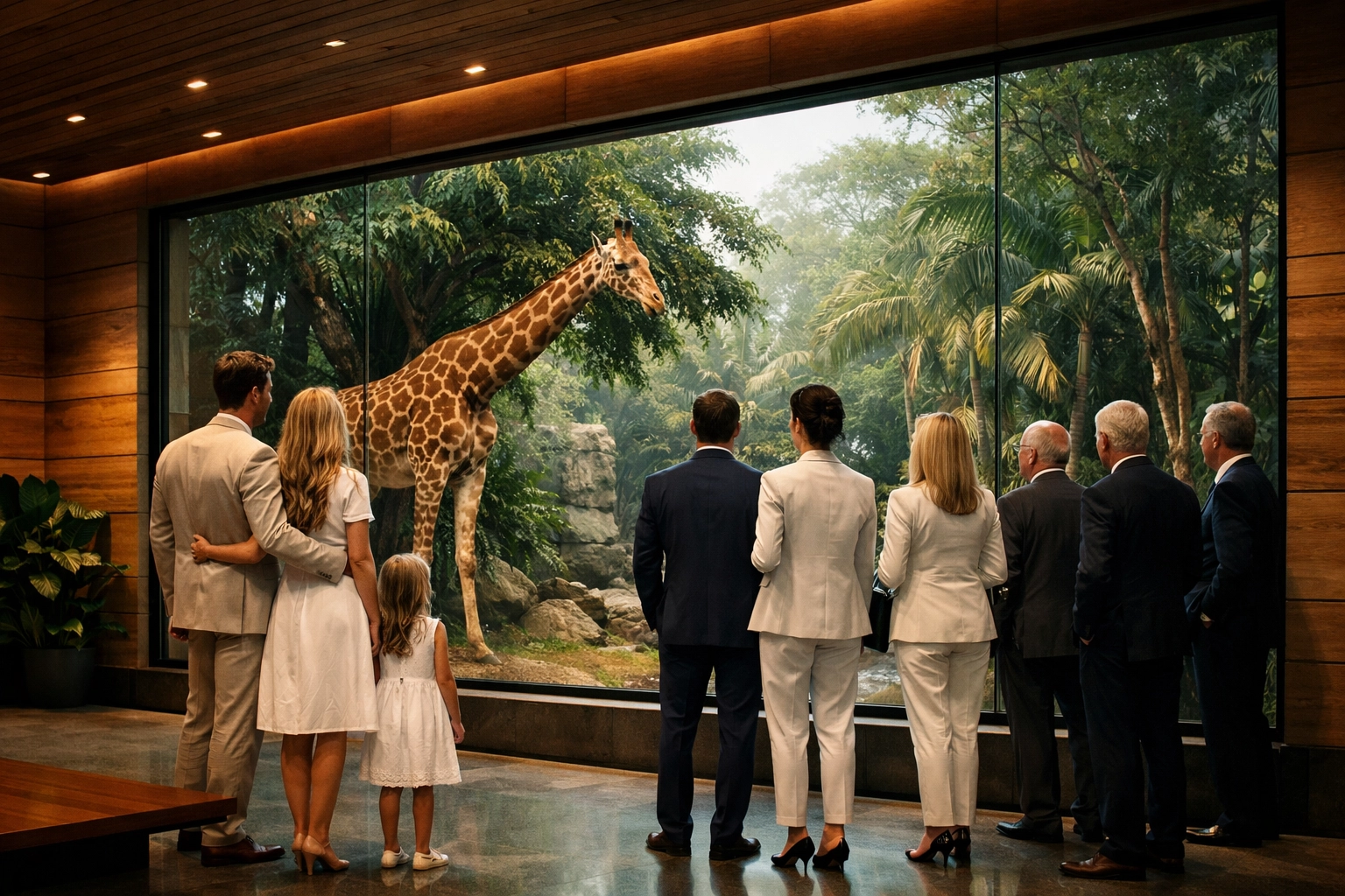 Professional visitors and business executives observing a giraffe at a high-end zoo exhibit.