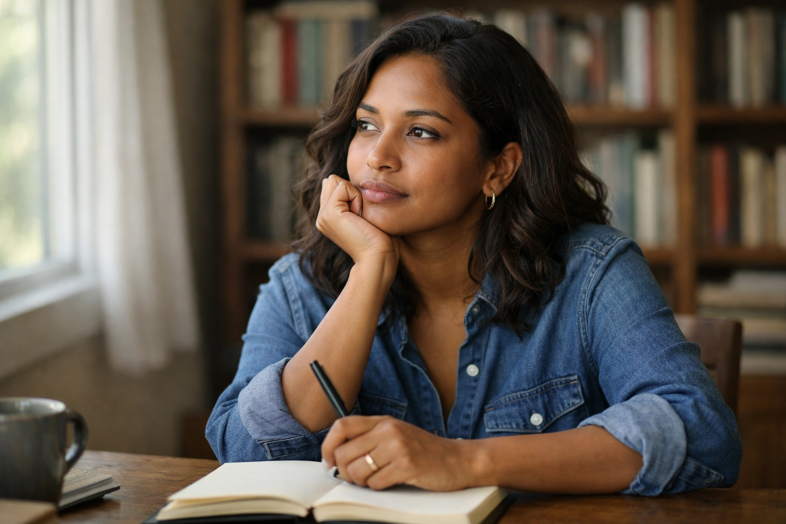 Writer looking thoughtful at her desk with a notebook and pen