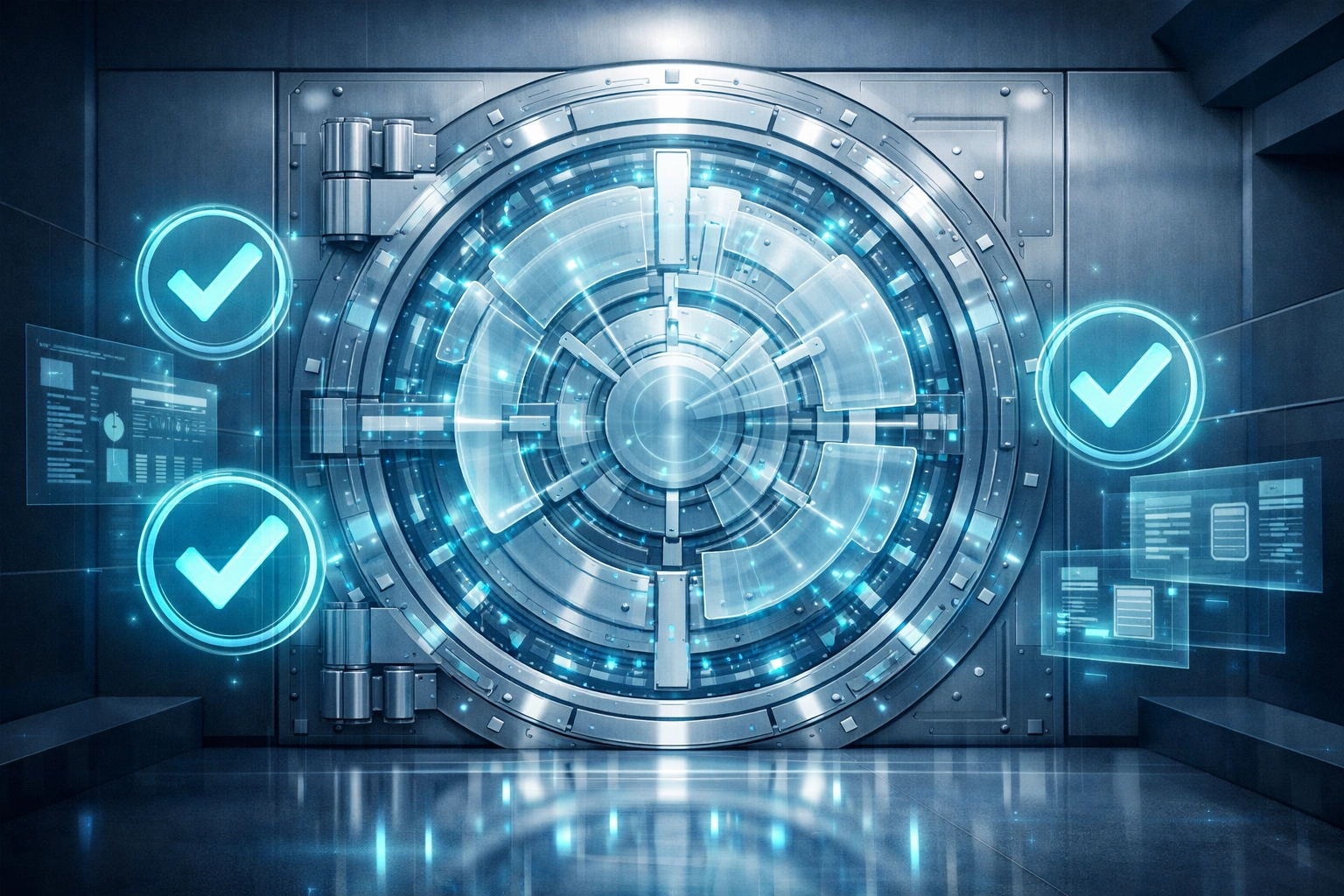 A secure digital vault with check icons illustrating cybersecurity compliance and legal safeguards.