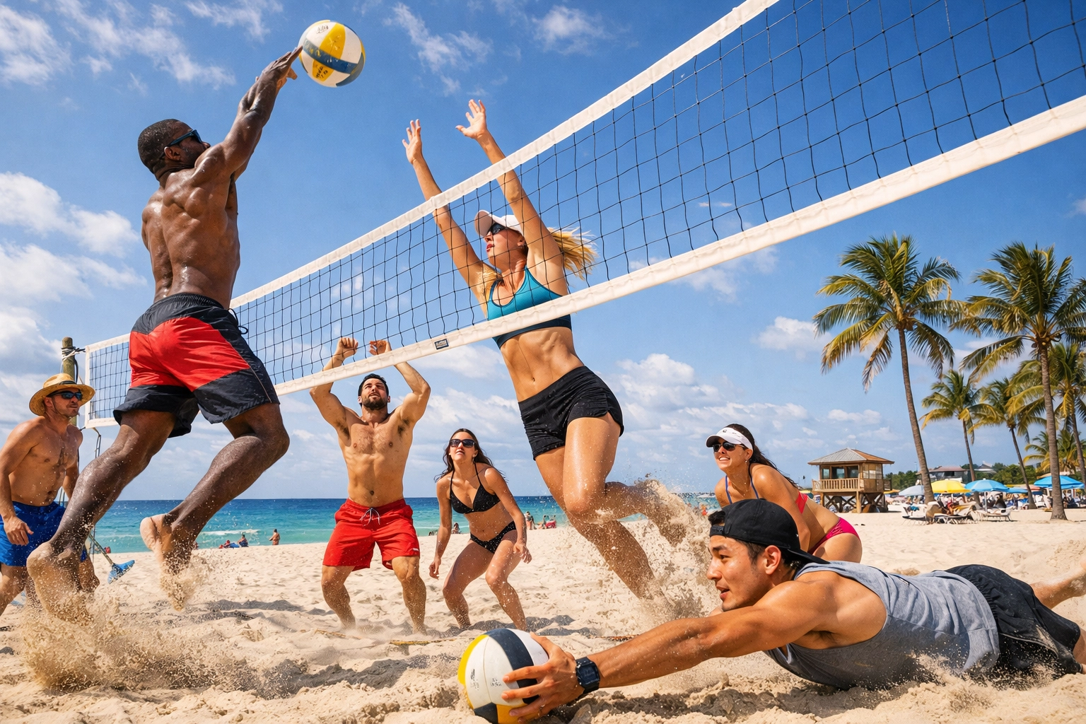 Beach volleyball game at Haulover Beach park with diverse players and ocean backdrop