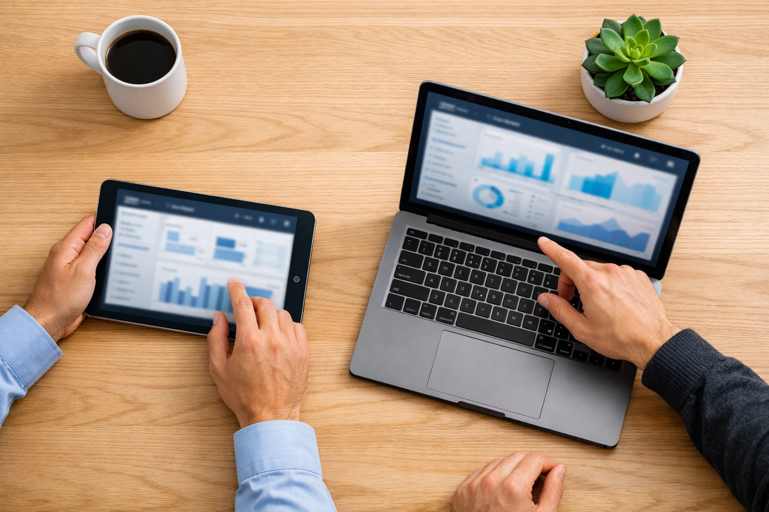 Professionals collaborating on a tablet and laptop to optimize ServiceNow ITOM and ITAM synergy.