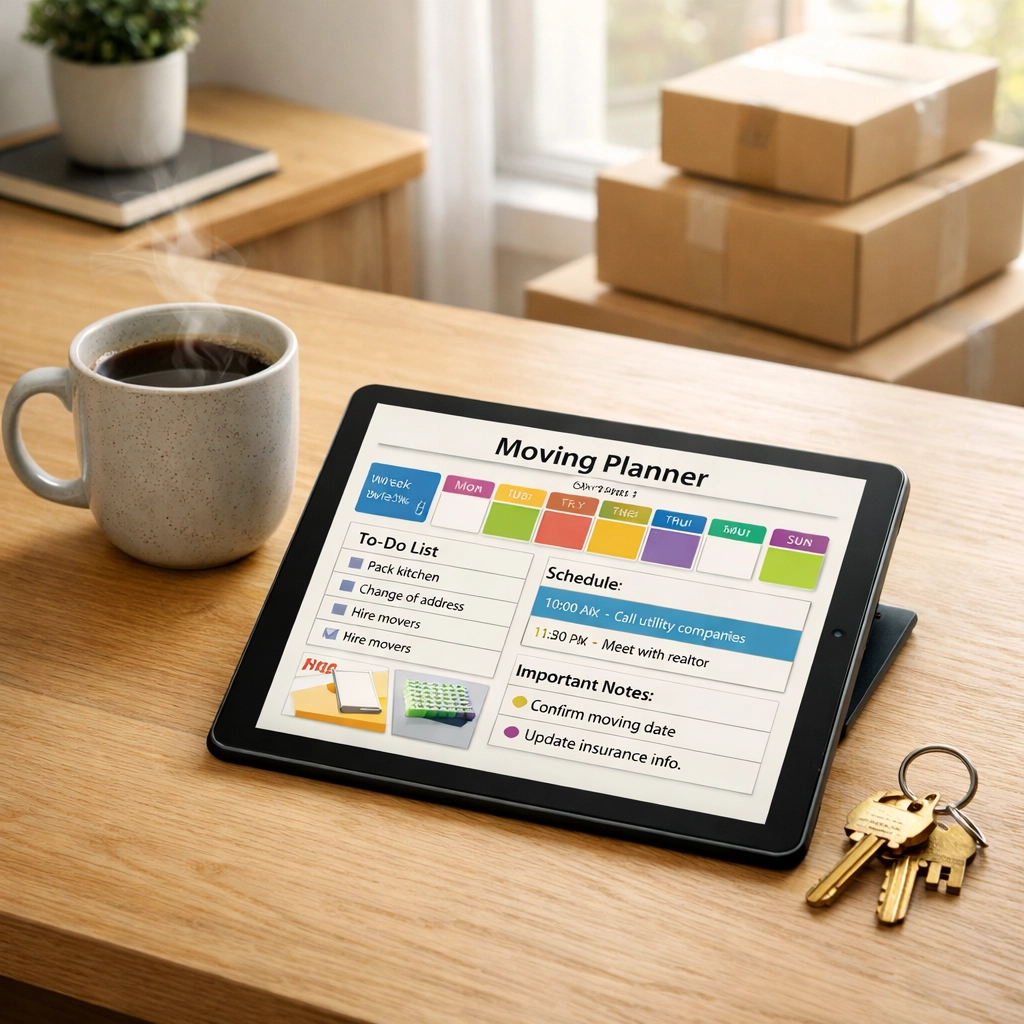 Home moving checklist planning on a tablet next to house keys and packing boxes.