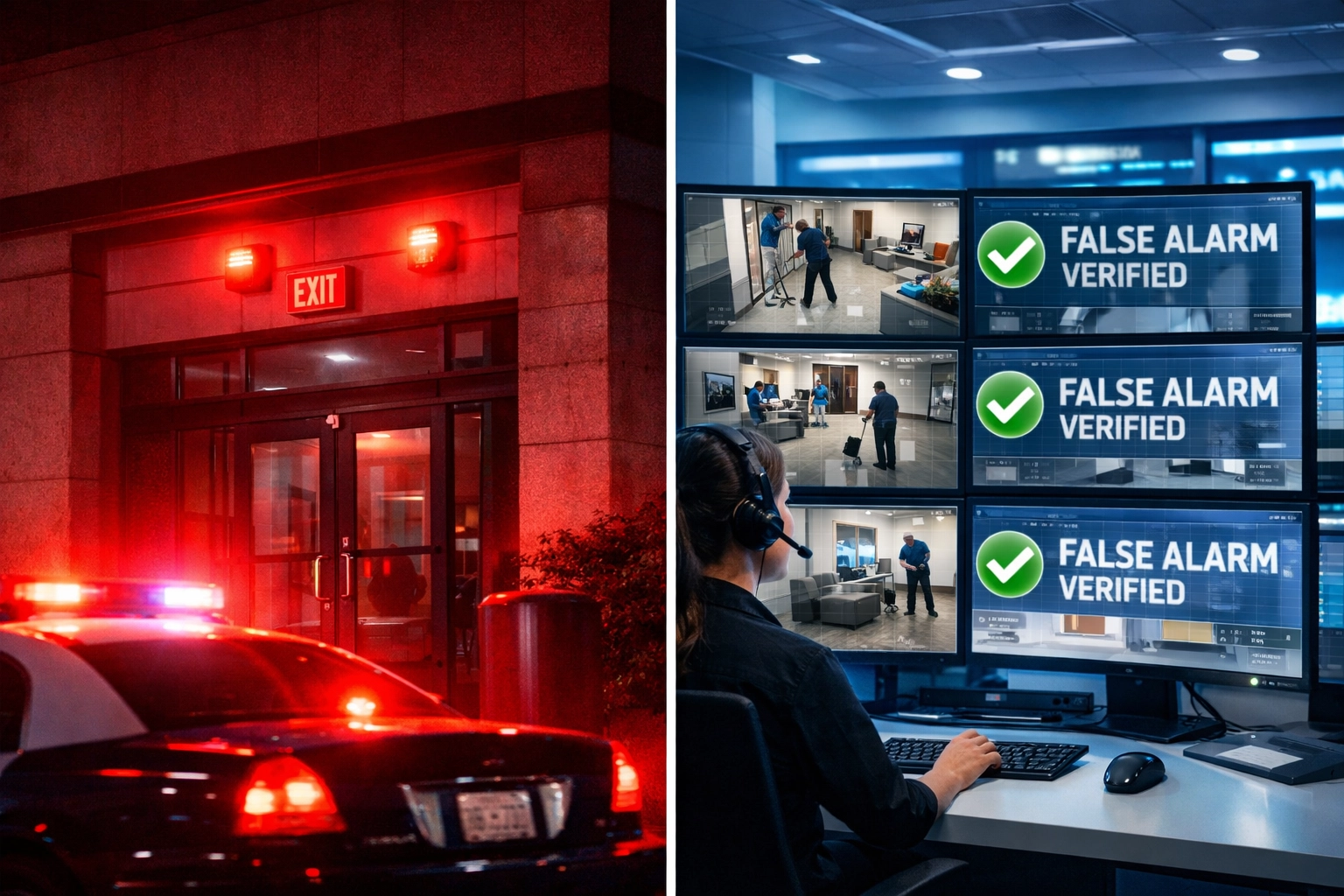 Emergency dispatcher verifying security camera feeds to prevent false alarms at business location