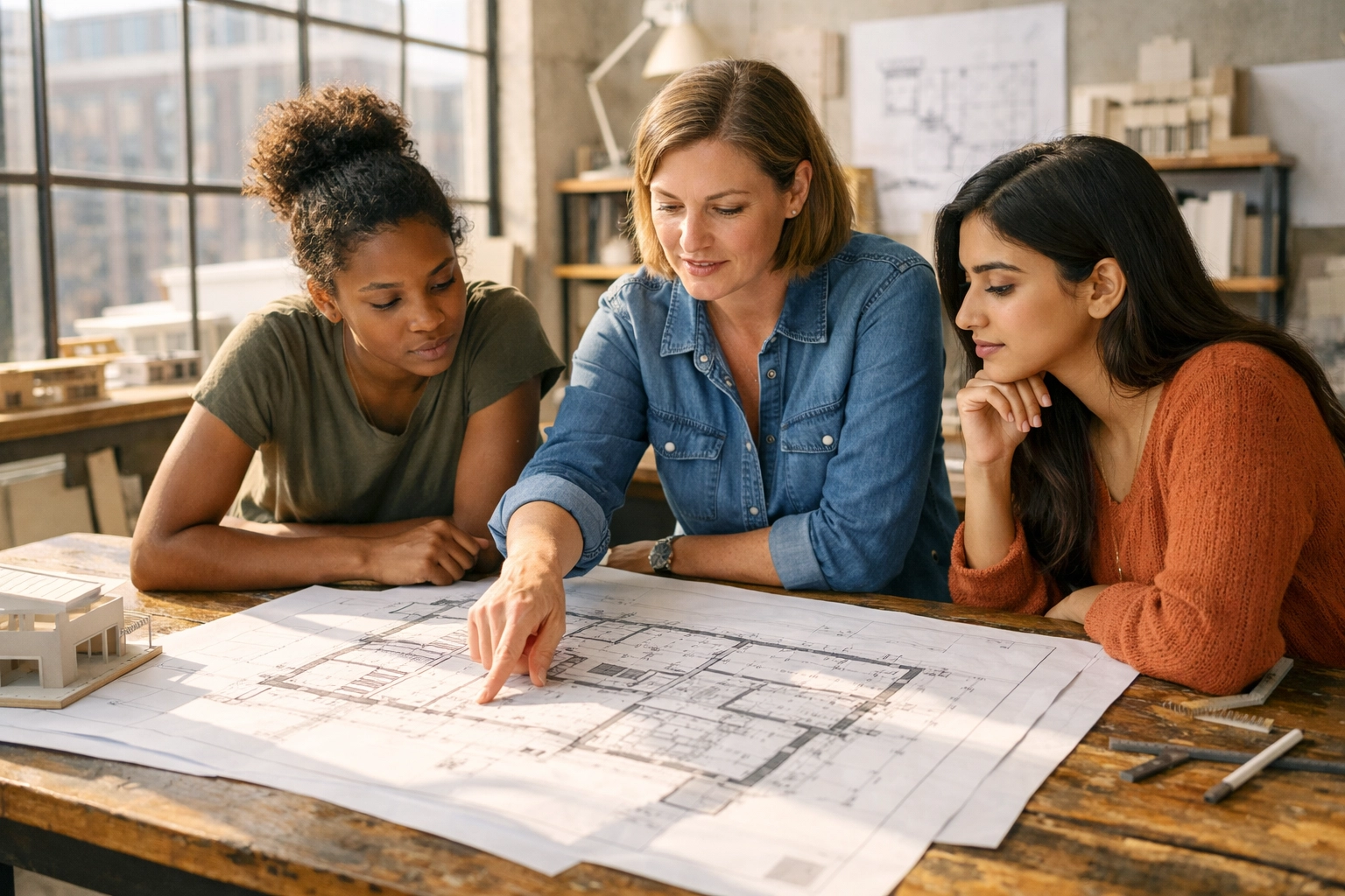Diverse professional women collaborating on project plans to illustrate leadership and the architecture of progress.