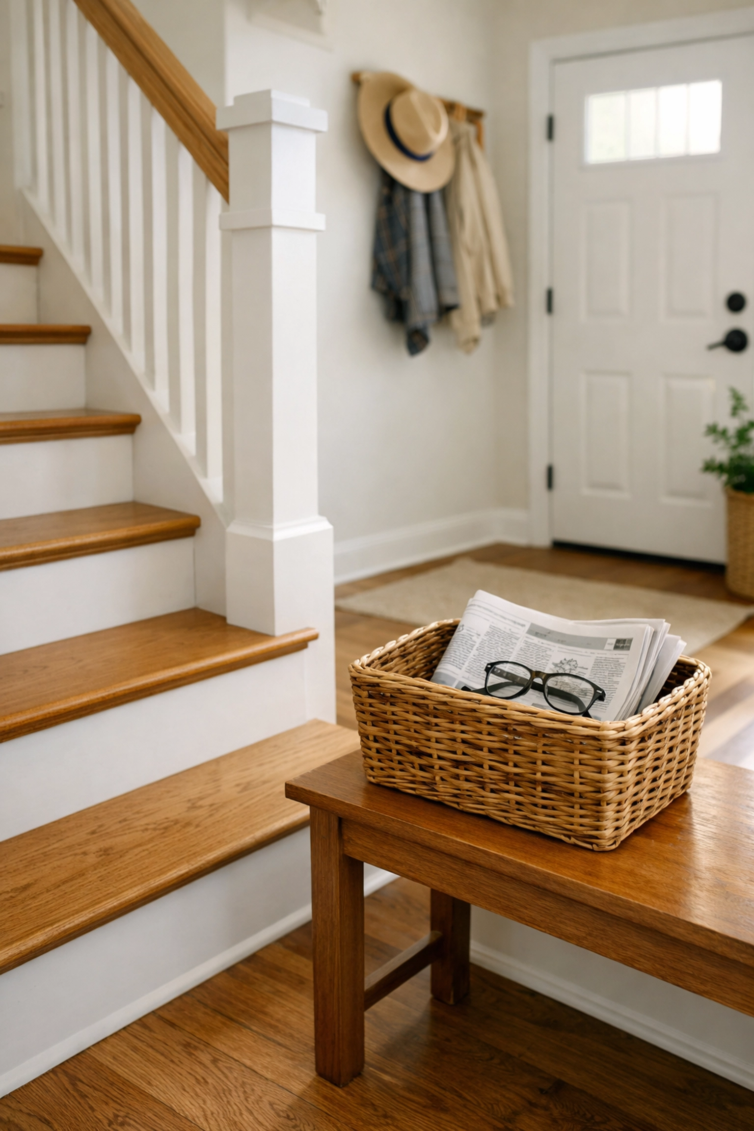 A clutter-free staircase and entryway featuring a dedicated basket on a table to keep stairs safe from objects.