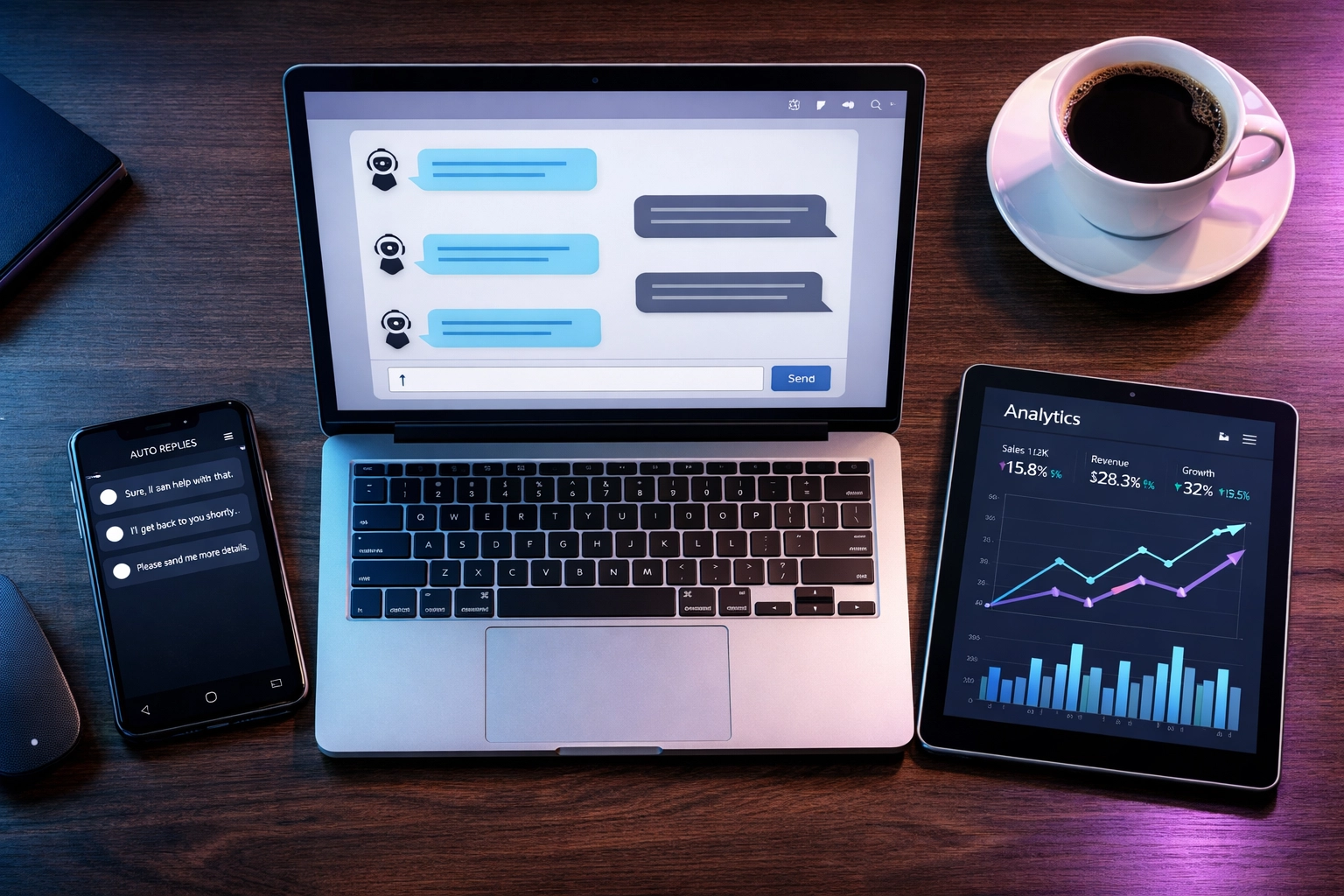 Business automation dashboard showing chatbot interface and analytics for small business