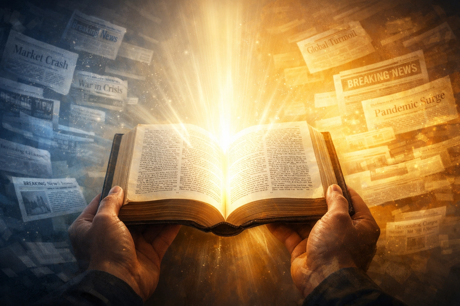 Open Bible with light radiating over news headlines showing biblical perspective on current events