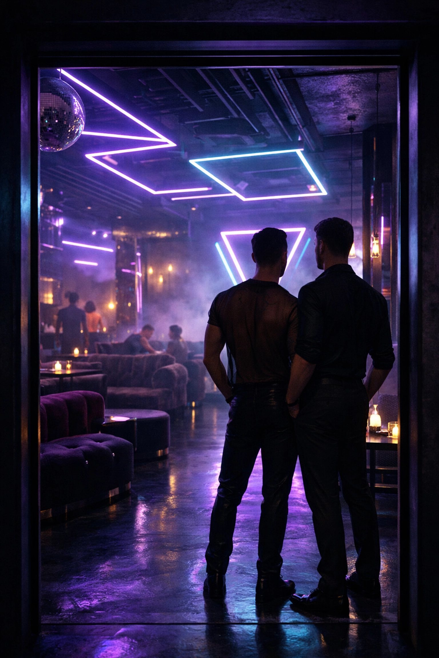 Modern industrial-chic gay club with neon lights, a sophisticated setting often found in contemporary MM romance books.