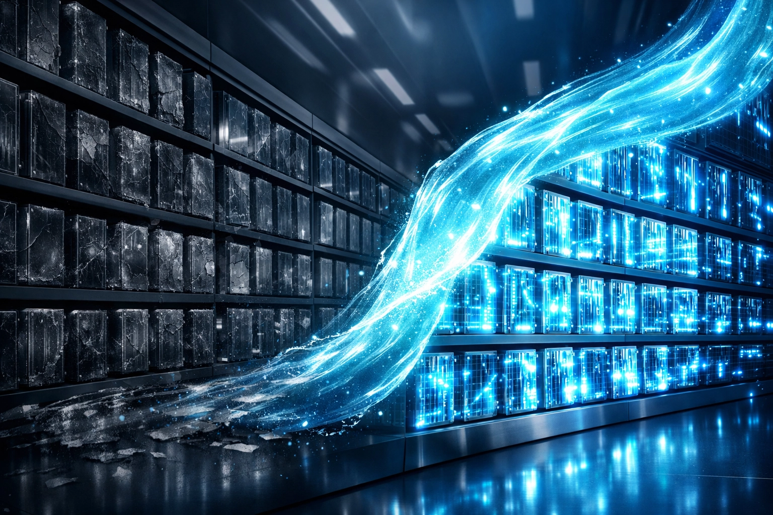 Digital data flow visualisation in a futuristic storage environment, illustrating the transition from outdated records to real-time data enrichment for predictive sales intelligence and CRM optimisation.