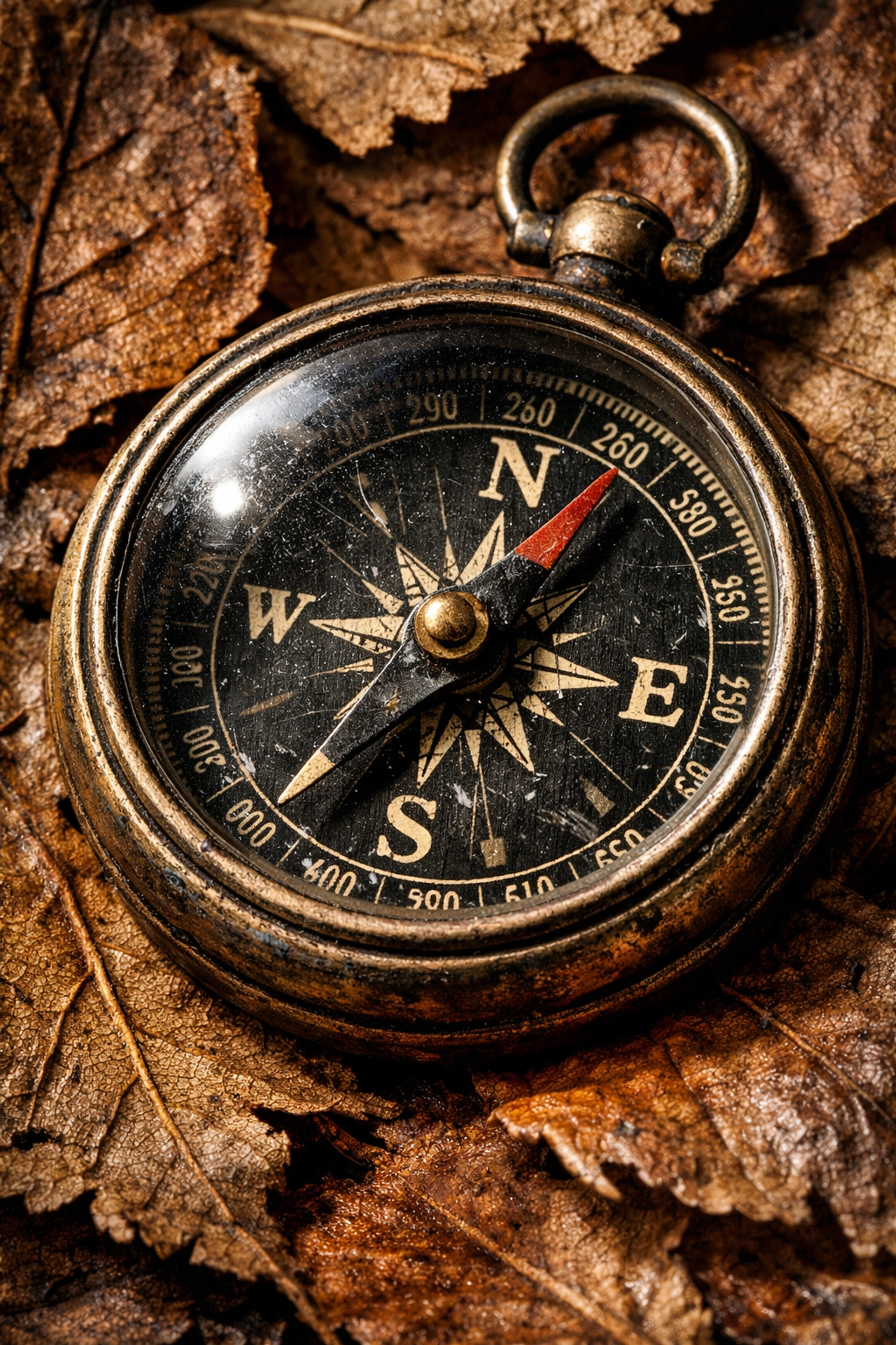 Macro photo of a compass and leaves demonstrating texture and sharp focus in manual mode.