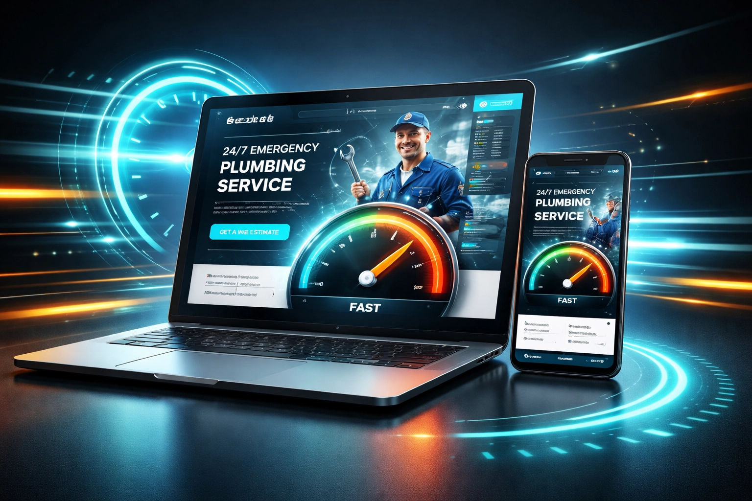Laptop and phone displaying fast plumbing website, highlighting speed and mobile optimisation.