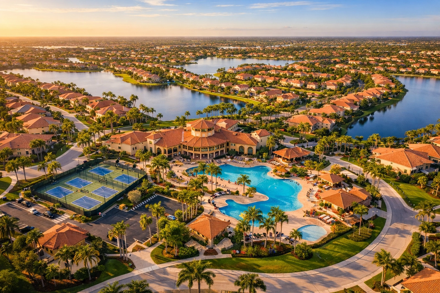 Aerial view of gated community in Cape Coral with pools, tennis courts, and clubhouse amenities