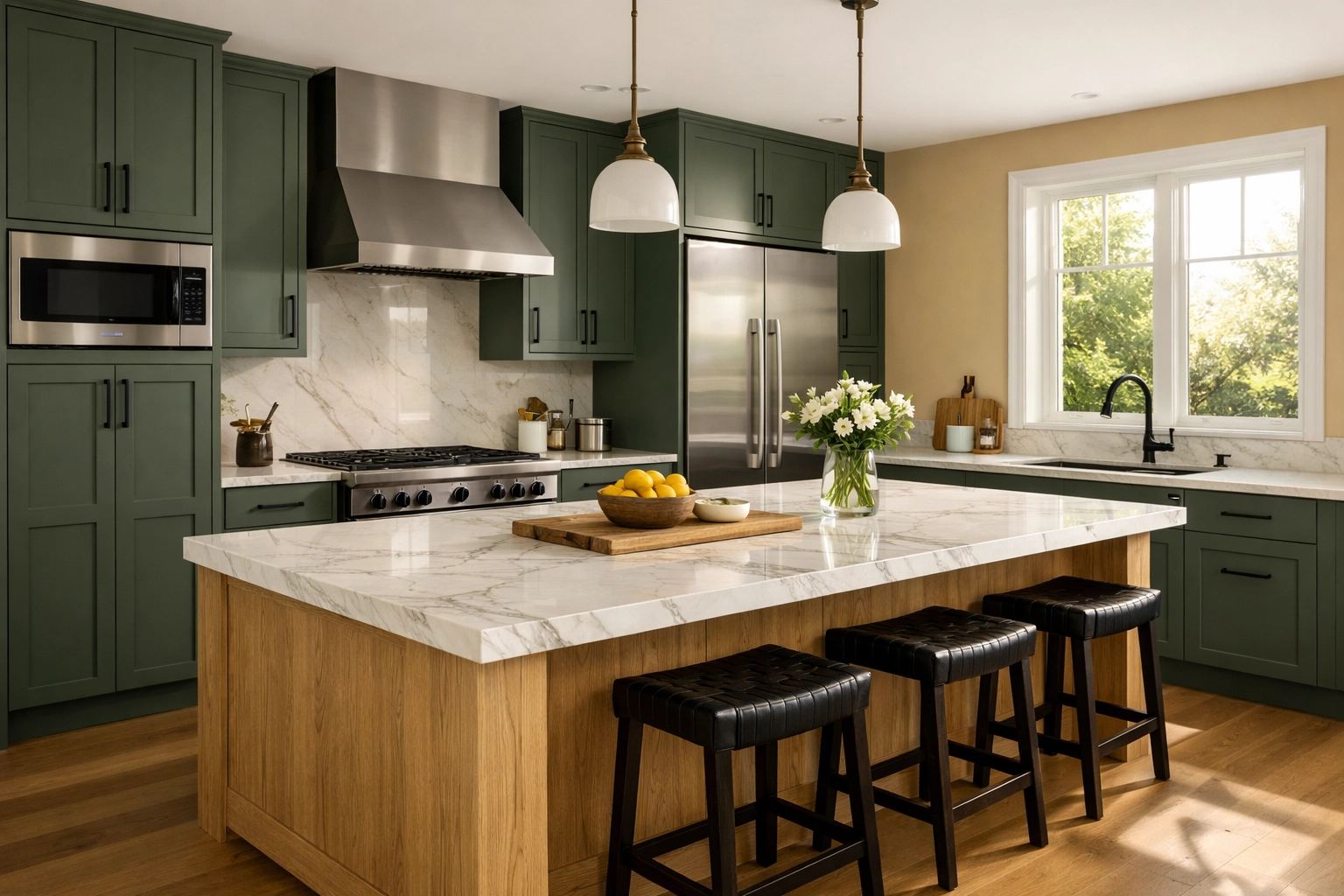 Modern kitchen remodeling Orlando featuring sage green cabinets, a natural oak island, and marble countertops.