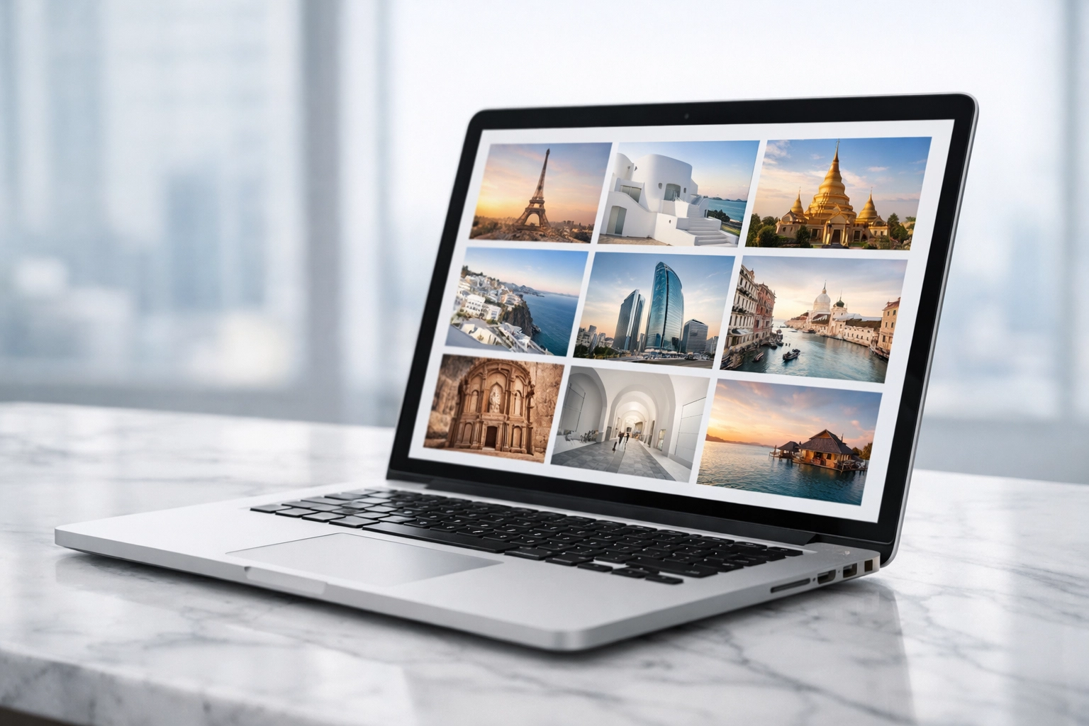 Modern laptop displaying a professional photography portfolio on a clean studio desk.