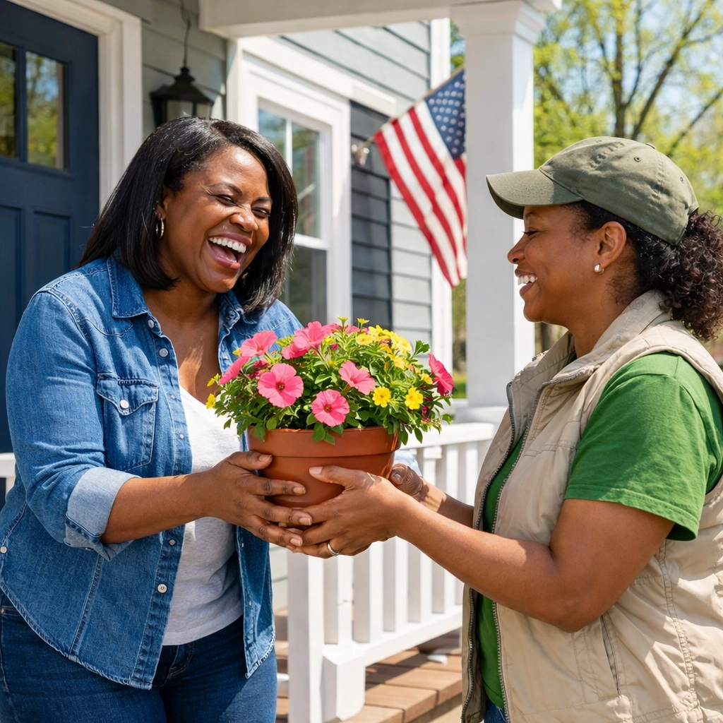 A Black woman celebrating a home rebuild with a South Jersey disaster relief volunteer.