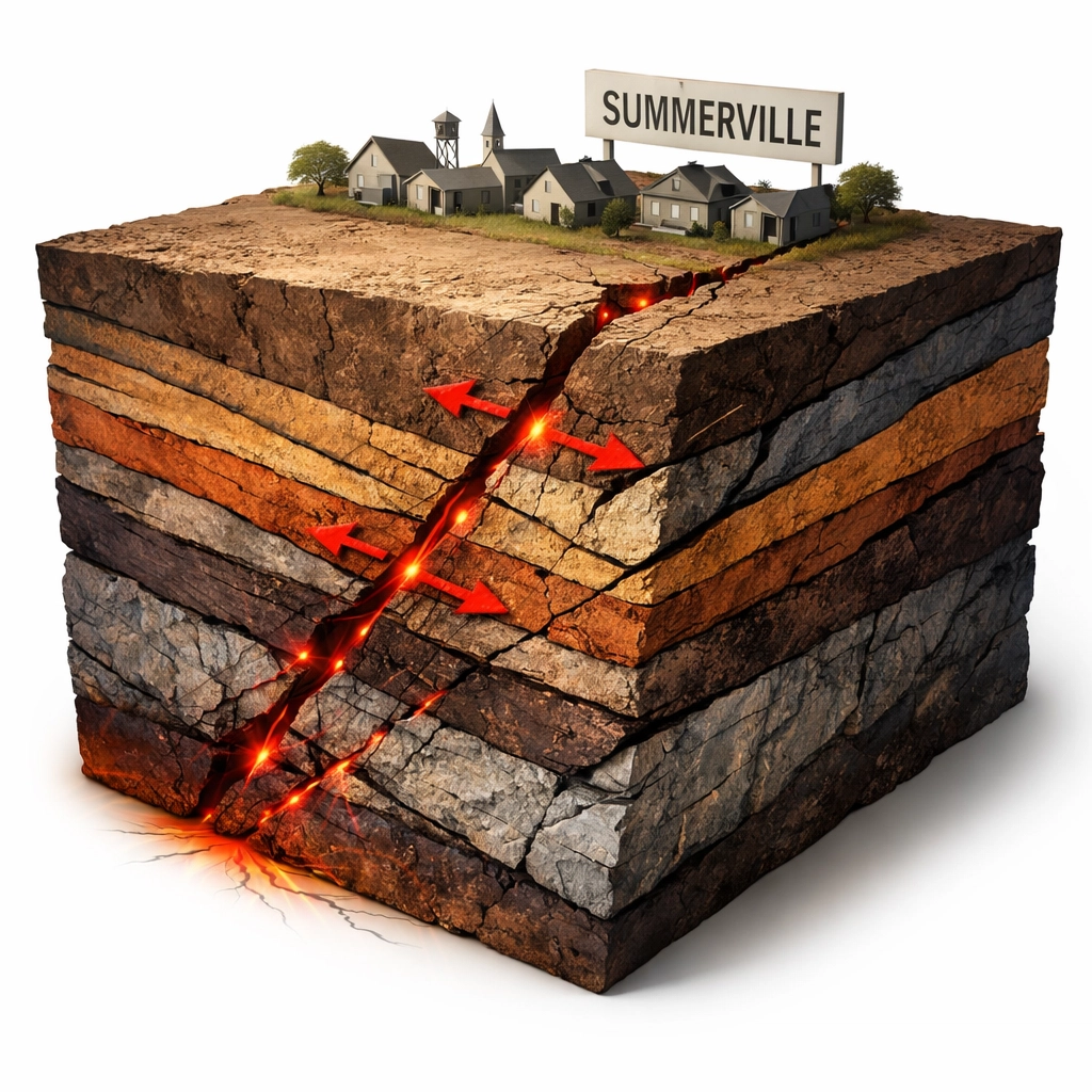 Cross-section showing earthquake fault lines beneath Summerville causing seismic activity