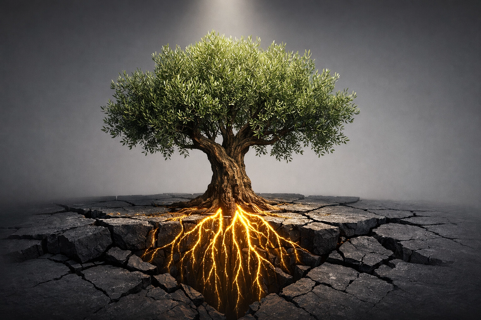 A resilient olive tree with deep roots in cracked earth, symbolizing spiritual strength during times of shaking.
