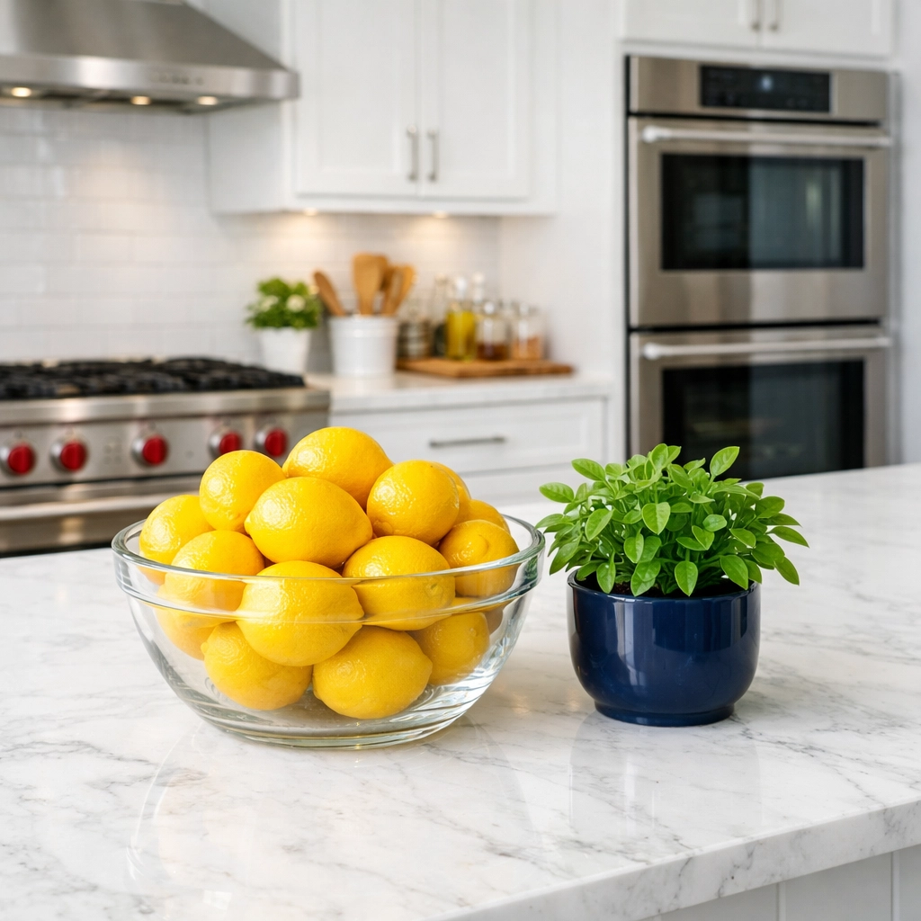 Eco-friendly deep cleaning in Marblehead results in a fresh, sanitized kitchen with marble surfaces.