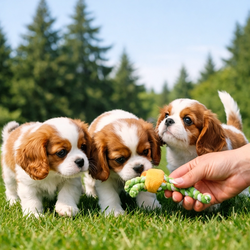 Cavalier King Charles Spaniel puppies playing outside at a reputable breeder in Boring, Oregon.