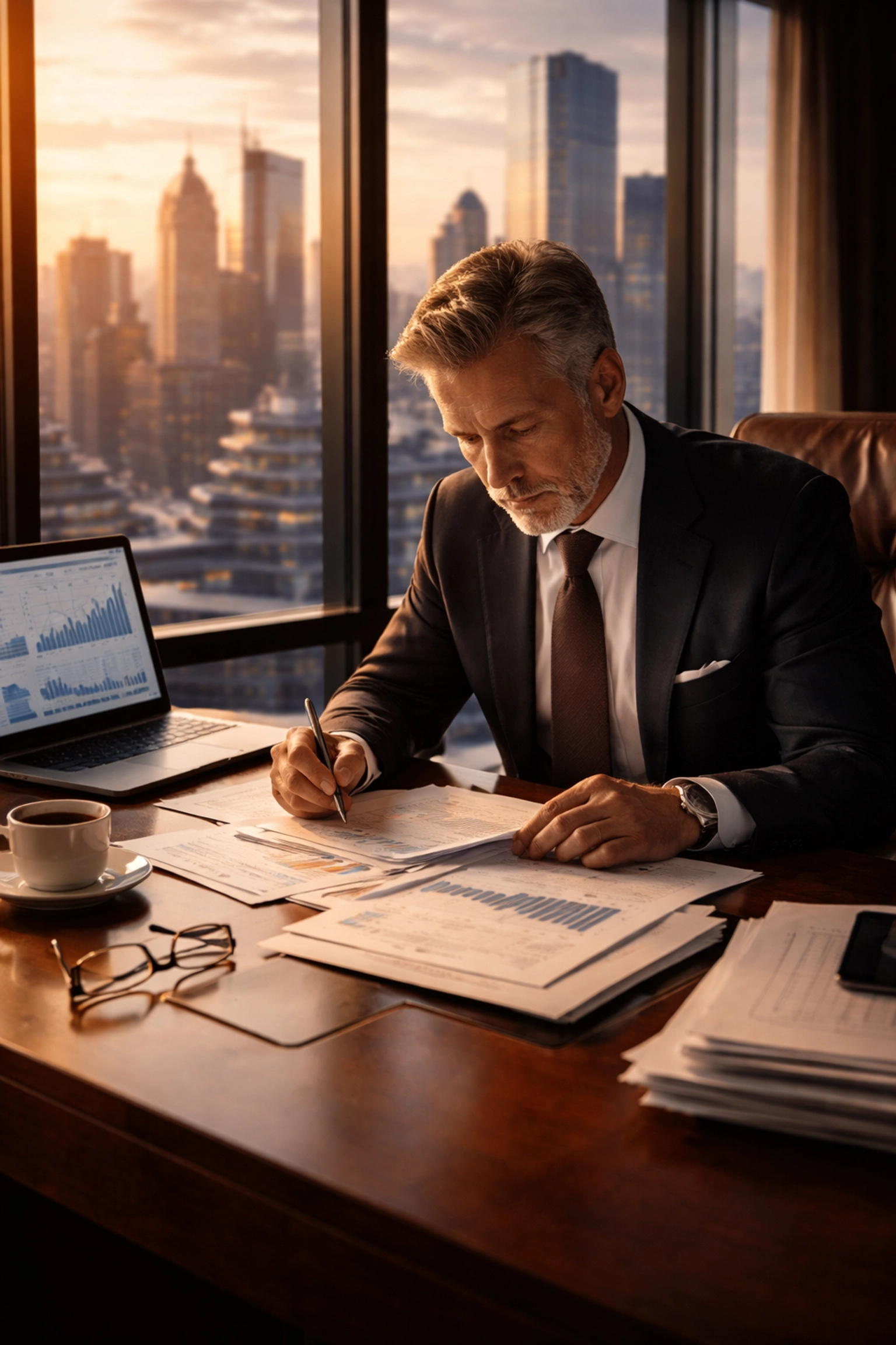 Investor reviewing complex financial documents in modern office, highlighting due diligence in alternative investments