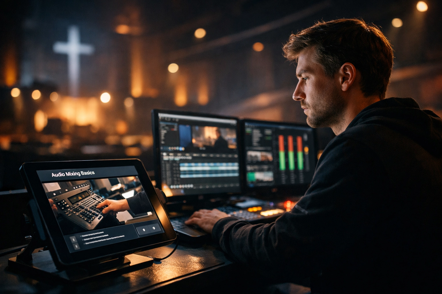 A church AV volunteer using a video tutorial on a tablet to learn professional livestreaming and audio mixing.