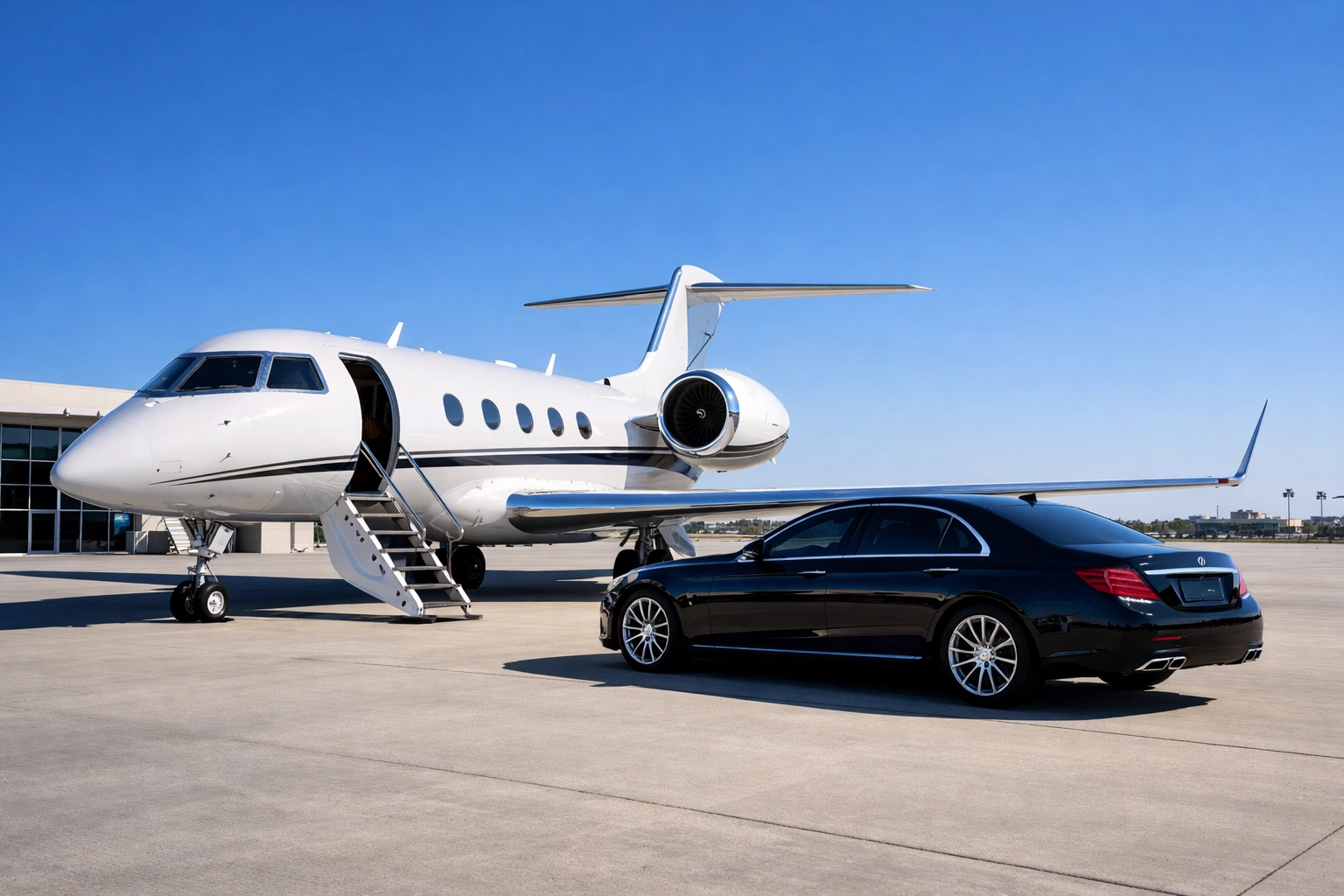 Private jet and luxury sedan waiting on the tarmac for efficient Super Bowl executive departure.