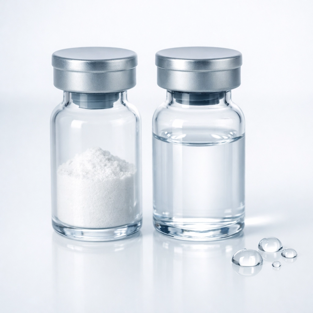 Research peptide reconstitution kit featuring a powder vial and bacteriostatic water.