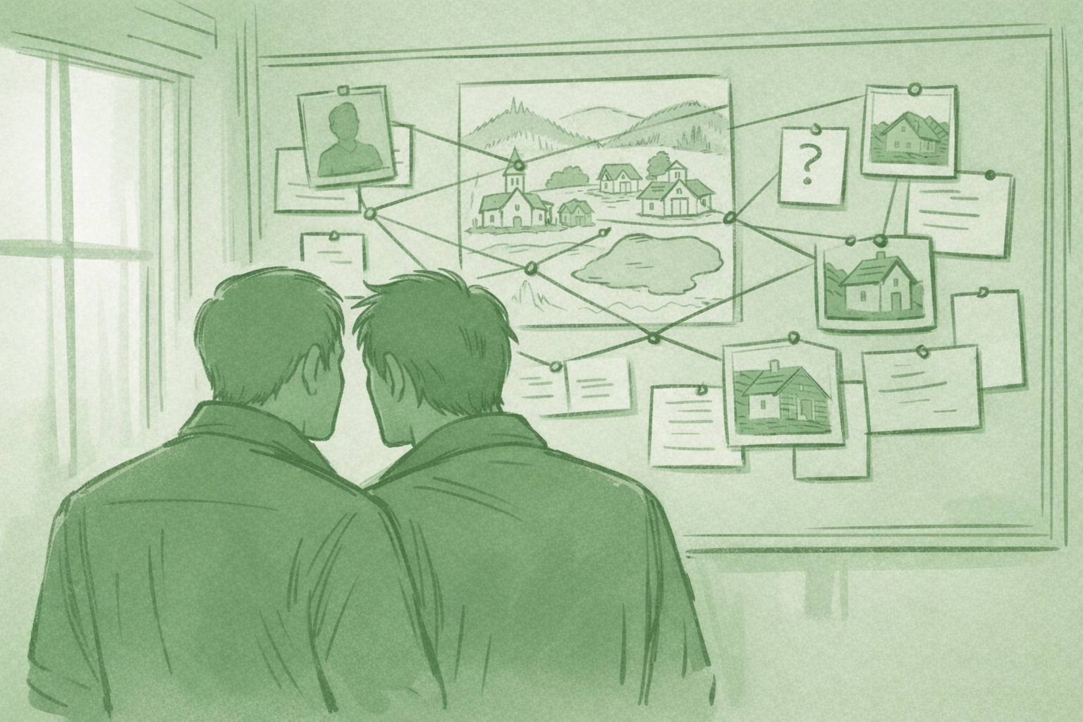 Two men examine murder investigation board in LGBTQ+ detective thriller