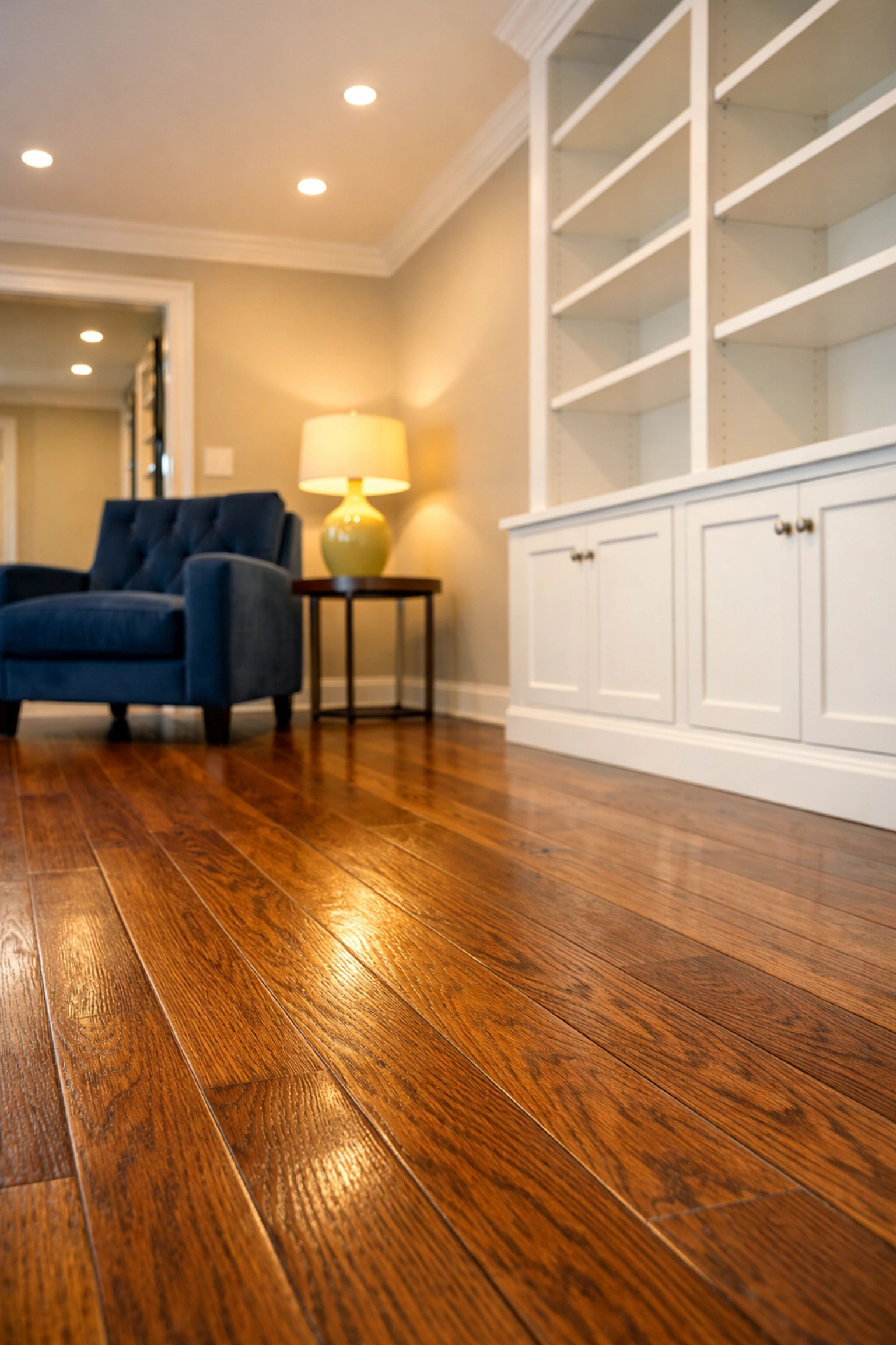 Pristine hardwood floors in a Worcester home following a professional post-construction specialty cleaning.