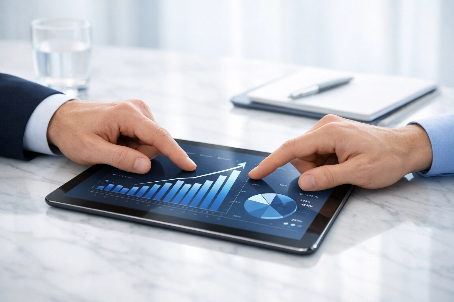 Business broker in Mississippi reviewing a professional valuation and growth charts with a client.