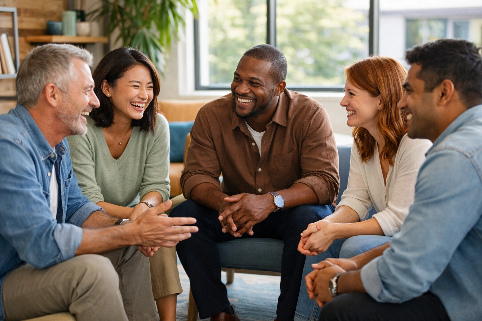 Diverse team engaged in collaborative conversation demonstrating strong workplace relationships