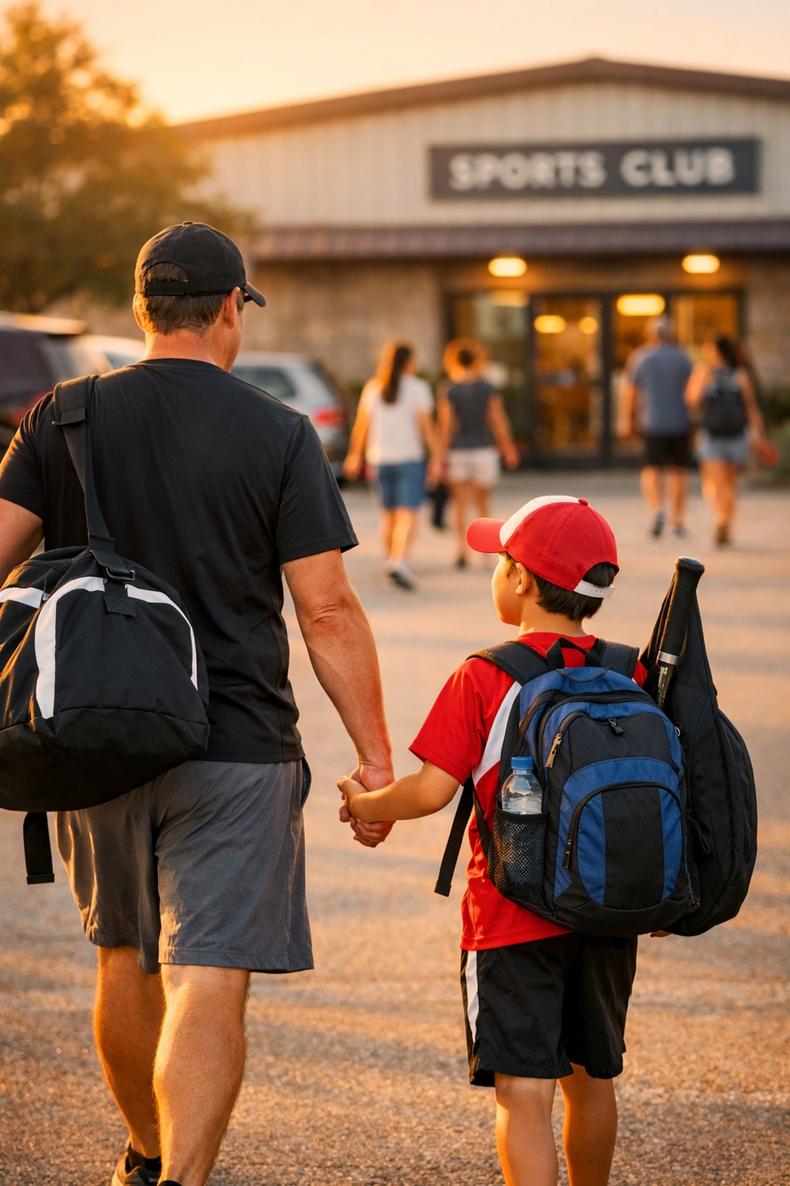 Parent and child walking hand-in-hand through sports club parking lot safely